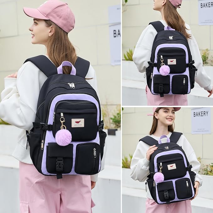 Laptop Backpack 15.6 Inch Elementary Middle High School Bag College Backpacks with Lunch Box Pencil Pouch 3 PCS Set Travel Bookbags for Teens Girls Women Students (Black Purple) - Image 6