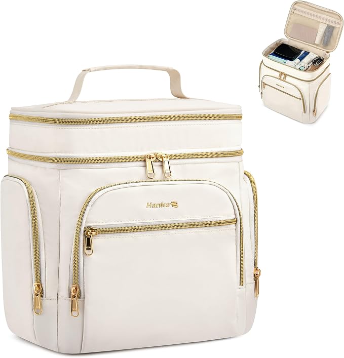 Hanke Large Toiletry Bag for Women Travel, Double Layer Organizer with Wide Opening for Full-Size Cosmetics & Toiletries, 12.2L Water-Resistant Makeup Bag,Off White by Hanke