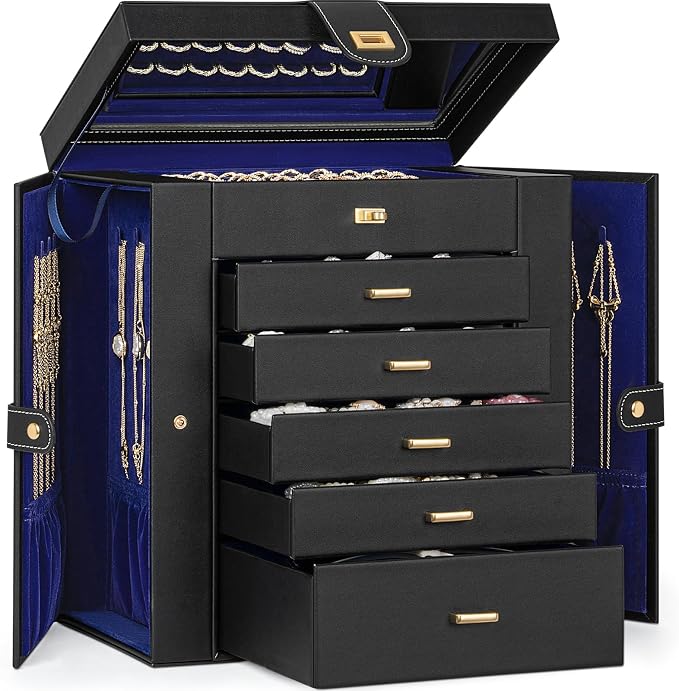 AKOZLIN 6-Tier Jewelry Box Organizer Functional 5 Drawers Leather Jewelry Storage Case for Women Girls Ring Necklace Earring Bracelet Holder Organizer with Mirror Extra Large BlackBlue by AKOZLIN