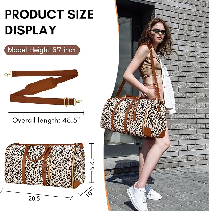 Ytonet Convertible Garment Bags for Travel, Large Carry on Garment Weekender Bag, Water Resistant Travel Duffel Bags with Shoe Pouch, 2 in 1 Hanging Suitcase Suit Foldable Travel Bags, Leopard - Image 3