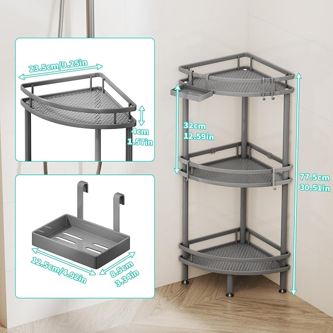 HapiRm Standing Corner Shower Caddy - 3 Tier Shower Organizer Corner with Soap Holder and 4 Hooks, Rustproof Bathroom Storage Shelves with Adhesives, Grey - Image 2