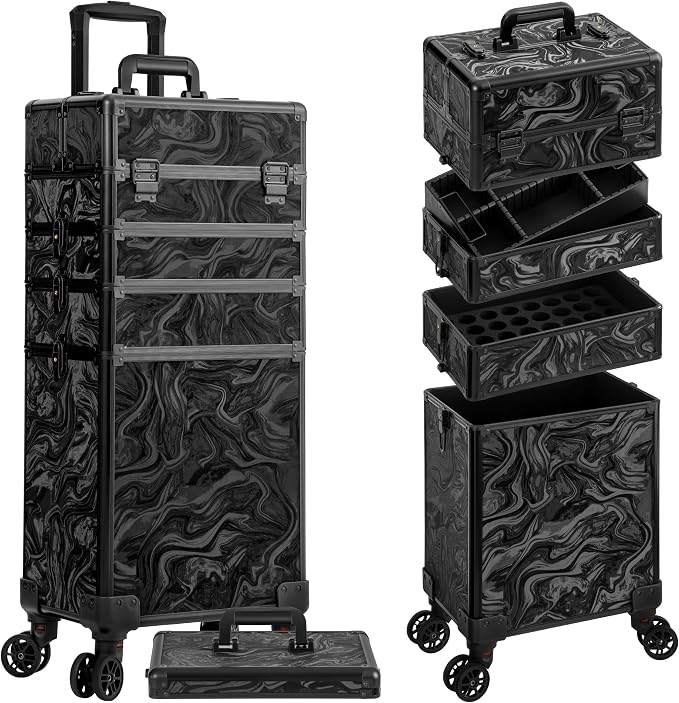 Rolling Makeup Train Case with Lid Cosmetology Case on Wheels | 5 in 1 Large Cosmetic Trolley Organizer Travel for Hairstylist Artist Nail Beauty Salon Barber Cart Trunk, Black Ink - Image 9