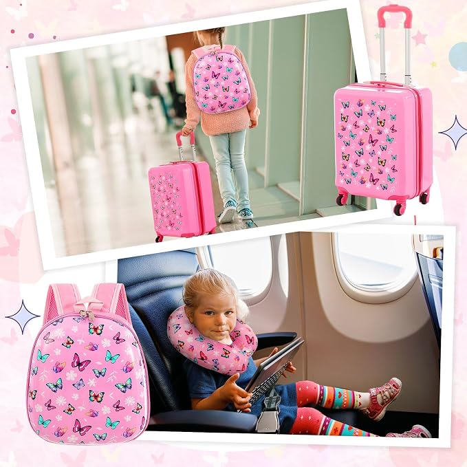 Sanwuta 4 Pcs Kids Luggage Set Back to School Gifts for Girls Boys Carry On Rolling Suitcase Backpack Neck Pillow Travel Set(17 Inch,Butterfly Style,Rose Pink) - Image 6