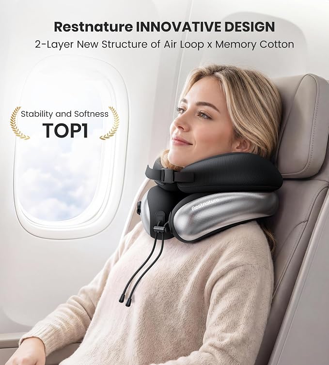 Neck Pillow, Upgraded Adjustable Travel Neck Pillow for Airplane – Patented Inflatable Design with Memory Foam for 360° Ergonomic Head & Neck Support (Gray-M) - Image 2