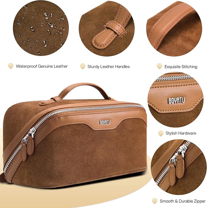 BOYATU Genuine Leather Travel Makeup Bag: Large Capacity 3 Pcs Set Cosmetic Bags for Women - Designer Waterproof Hand-made for Toiletry Organizer - Travel Essentials for Elegance (06Suede-Brown) - Image 4