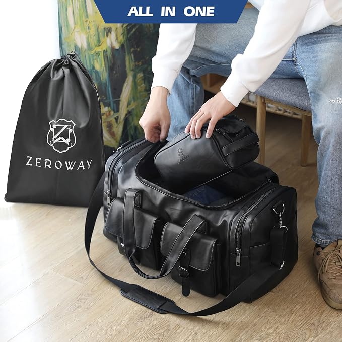 Zeroway PU Leather Travel Duffel Bag with Laundry Bag, Weekender Overnight bag Luggage Carry-On Bag with Shoe Pouch for Men or Women Black - Image 7