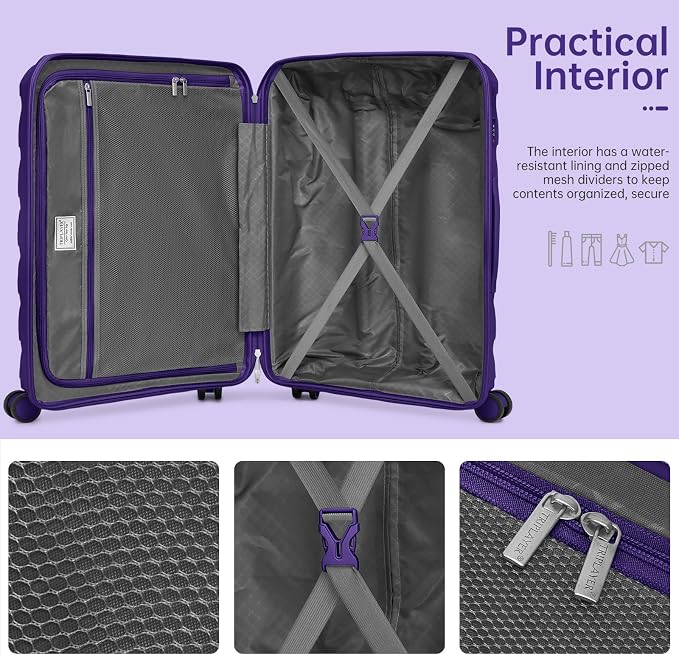 Luggage Sets 5 Pieces, PP Hardshell Suitcase Set with Spinner Wheels, Suitcases for Women (Purple) - Image 4