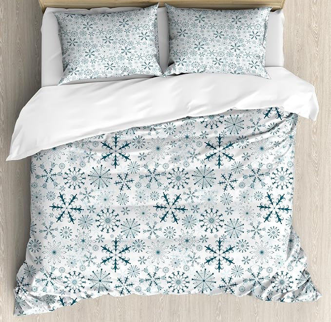 Ambesonne Winter Duvet Cover Set, Merry Xmas Theme Delicate Snowflakes Cold Freezing Weather Vintage Holiday Pattern, Decorative 3 Piece Bedding Set with 2 Pillow Shams, Queen Size, Teal White by Ambesonne