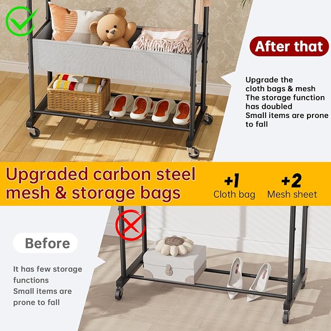 SINGAYE Wardrobe Standing Closet Clothing Rack With Shelf Hanging Clothes | Wardrobe Open Compact Small Metal Garment Hanger Stand Alone Free Standing Black Closet Rack Storage Organizer Heavy Duty - Image 3