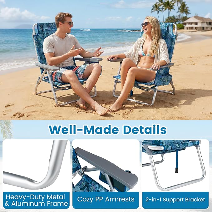 Giantex Folding Beach Chair, Patio Sling Chairs with 5 Adjustable Position, Head Pillow, Storage Bag, Towel Bar, Cup Holders, Backpack Chairs for Sunbathing, Camping Chair - Image 7