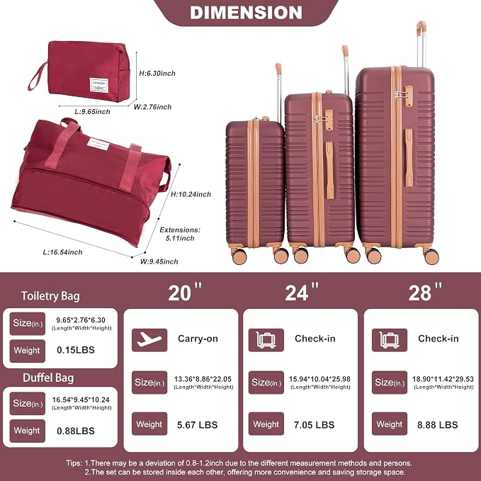 Luggage Sets 3 Piece,Suitcases with Double Spinner Wheels and TSA Lock,Hardcase 5 set Luggage with Travel Duffel Bag,Carry On Luggage Set - Image 3