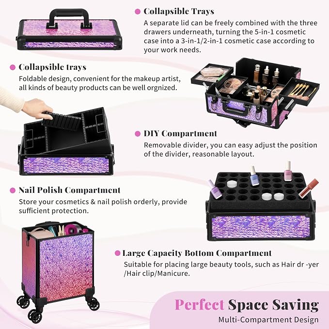 Rolling Makeup Train Case with Lid Cosmetology Case on Wheels | 5 in 1 Large Cosmetic Trolley Organizer Travel for Hairstylist Artist Nail Beauty Salon Barber Cart Trunk, Gravel Pink - Image 6