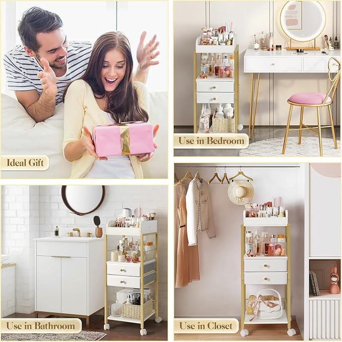 Makeup Organizer, Floor Skincare Organizers Make Up Organizers and Storage with Drawers, Vanity Organizer Cosmetics Display Cases Holder for Skin Care Nail Polish Perfume Gold - Image 7