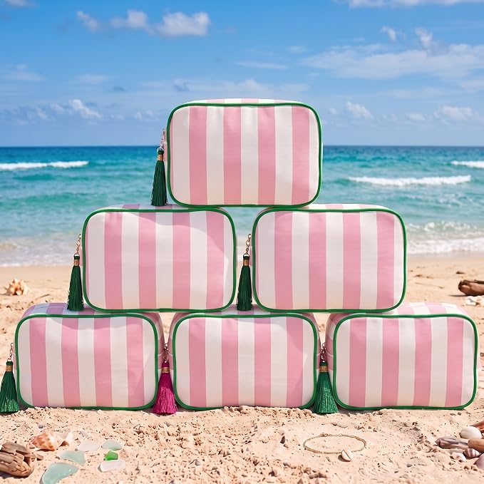 Kacctyen 6 Pack Light Pink and White Striped Makeup Bag bulk with Tassel Travel Cosmetic Pouch Organizer Large Zipper Toiletry Case for Women Aesthetic Storage Pouch Mahjong Tile Bag by Kacctyen