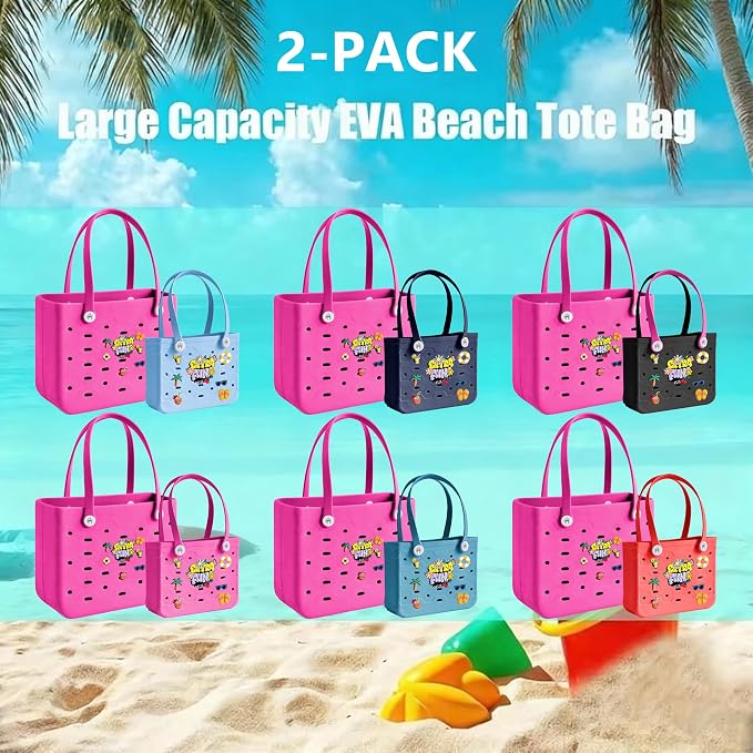 2-Pack Beach Bags Medium & Small,Waterproof Sandproof Rubber Tote Set for Women Men, Vacation Pool Boat Essentials - Image 4