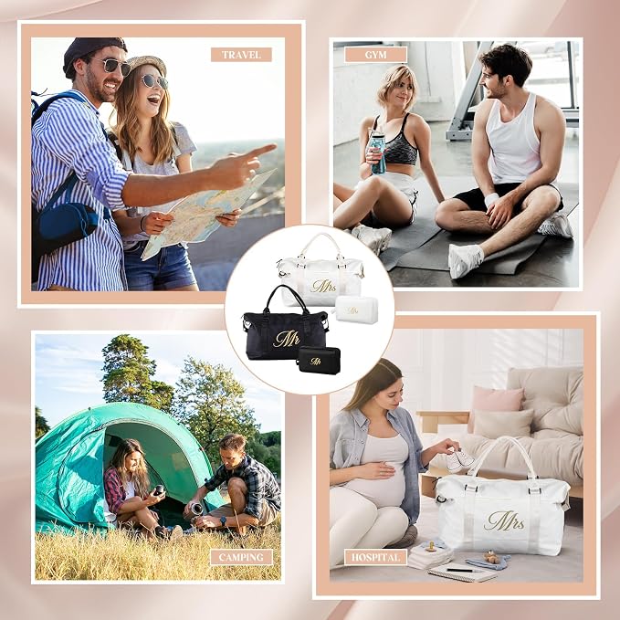 Sanwuta 4 Pcs Mr Mrs Duffel Bag Set 2 Honeymoon Travel Bags with 2 Toiletry Pouches Weekender Gym Tote for Couple Wedding Engagement Valentines His Hers Gifts Bridal Shower Gifts - Image 6