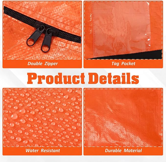 Windyun 4 Pack 177 Gallon Extra Large Moving Bags XXL Heavy Duty Storage Bag with Strong Zipper Handle Jumbo Big Tote Box Foldable for College Dorm Travel Clothes Duffle Blanket Pillow(Orange) - Image 3
