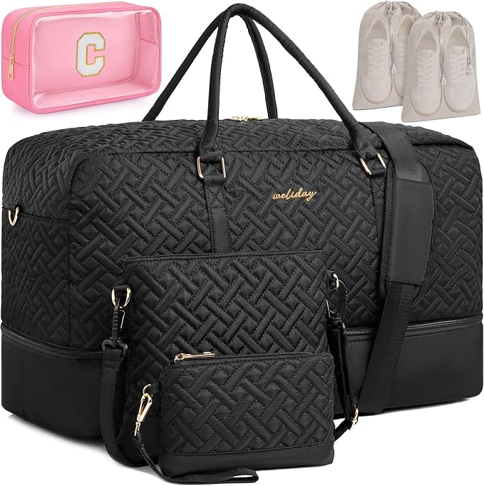 Weekender Bag for Women, 6 Pcs Set Carry on Overnight Bag, 21" Travel Duffel Bag with Initial Clear Makeup Pouch and Waterproof Shoe Compartment by WELIDAY