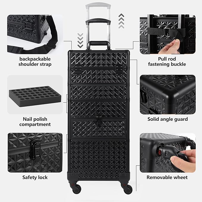 Makeup Train Case with Drawer, Rolling Makeup Case, Cosmetology Case on Wheels, Gift, Large Makeup Case Organizers, Professional for Salon Barber, Nail, Tattoo, Black - Image 5