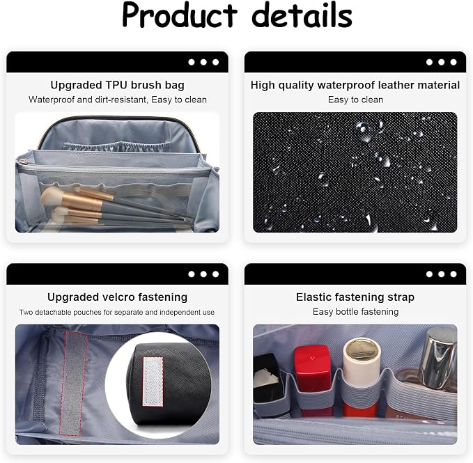 BOYATU Travel Makeup Bag Organizer Cosmetic Bag: 3 Pcs Set Make up Bags for Women with Handle - Waterproof Vegan Leather Toiletry Bags Travel Essentials Pouch with Compartments (C-01-Black) - Image 5
