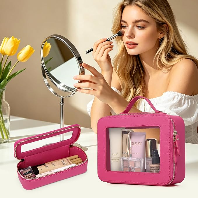 Clear Travel Makeup Bag, Fuxia, L+Slim | With Brush Bag, Transparent, Waterproof, With Zipper, For Women - Image 2