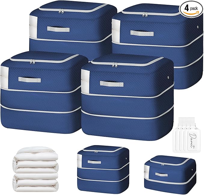 Comforter Storage Bag - 110L Large Capacity Blanket Storage Bags Ultra Space Saving Self Compression Organizer, Washable Compression Bags for Storage Comforter Blanket, 4-Pack, Navy Blue by EasortmPackingCubes