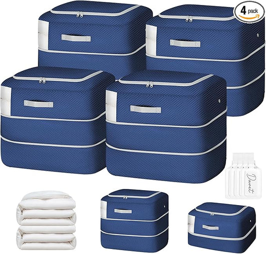 Comforter Storage Bag - 110L Large Capacity Blanket Storage Bags Ultra Space Saving Self Compression Organizer, Washable Compression Bags for Storage Comforter Blanket, 4-Pack, Navy Blue by EasortmPackingCubes