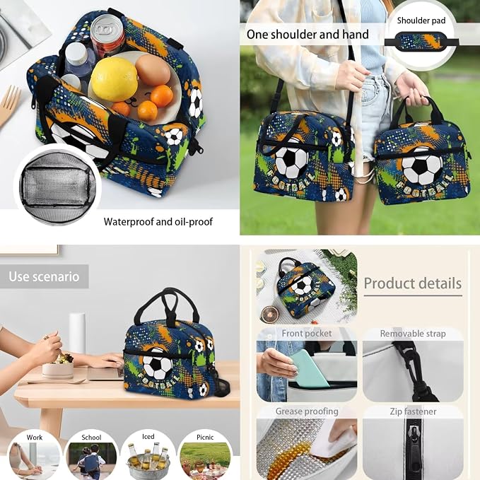 Back to School Gift 4pcs Soccer Backpack Full Set, Football Schoolbag With Insulated Lunchbag, Tote Bag, Water Bottle Carrier, Pen Bag - Casual Daypack for Travel/Hiking - Image 5