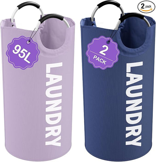 Set of 2 Large Laundry Baskets for Adult, 95L Collapsible Laundry Baskets with Aluminum Handles, Portable Dirty Clothes Hampers for Bedroom, Travel, Purple + Navy Blue by IHOMAGIC