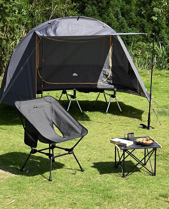 iClimb Ultralight Compact Camping Folding Beach Chair with Anti-Sinking Large Feet and Back Support Webbing (Black Grid - Square Frame - 2PC) - Image 2