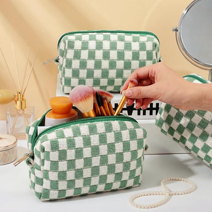 Gilprop 8 Pcs Checkered Makeup Bag for Purse Small Cosmetic Pouch Bulk Portable Zipper Makeup Pouch Travel Toiletry Organizer Gifts for Women Bridesmaid Wedding Party Favors (Green) - Image 3