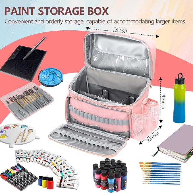 Acrylic Paint and Brush Set Organizer Bag - Carrying Case Compatible with Apple Barrel, Shuttle Art, Caliart Art Supplies - Includes Detachable Paint Brush Holder - for Home/Travel/Outdoor (Pro Pink) - Image 5
