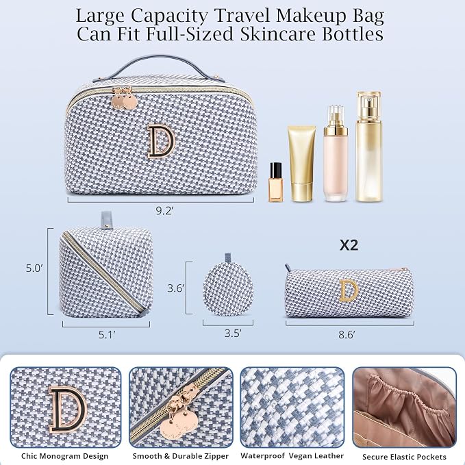 Personalized Gift Travel Makeup Bag: Initial Makeup Organizer Bag for Women | 3-in-1 Custom Make up Bag Set - Vegan Leather Travel Cosmetic Bag - Luxury Gift for Women – Birthday, Anniversary, Graduation - Image 6