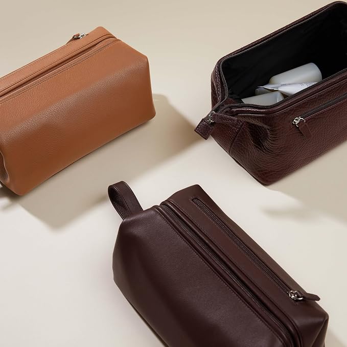 Leatherology Premium Espresso Framed Toiletry Bag – Full Grain Leather Dopp Kit for Men with Wide-Mouth Opening, Interior & Exterior Zippered Pockets, Water-Resistant Lining - Image 2