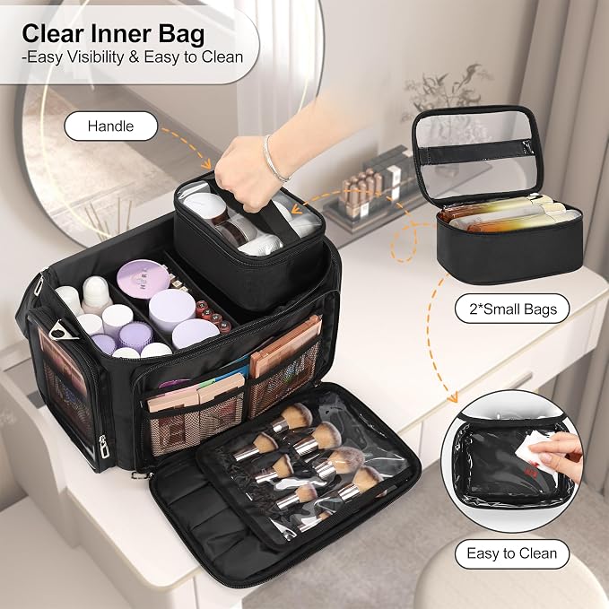 TANTO Large Makeup Organizer Bag, Professional Makeup Artist Bag Portable Travel Makeup Organizer with Detachable Dividers, 2 Pouches & Shoulder Strap, Cosmetic Storage for Beauty Enthusiasts - Image 3