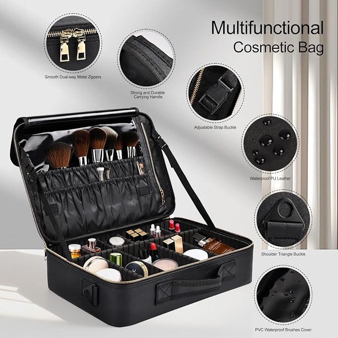 Large Travel Makeup Case, Professional Makeup Train Case Organizer, Portable Cosmetic Brush Bag Holder Waterproof Makeup Artist Storage Box with Adjustable Dividers and Shoulder Strap, Leather Black - Image 3