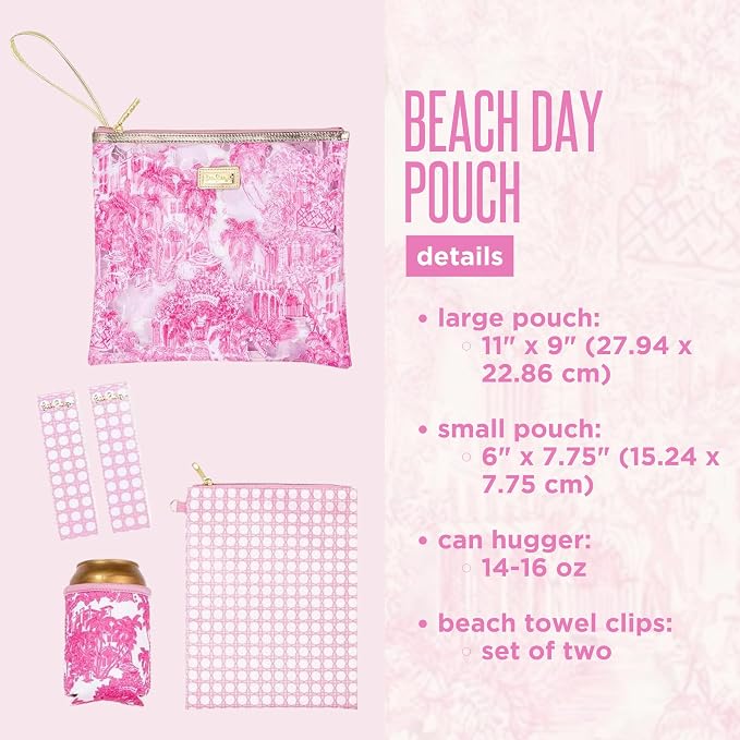 Lilly Pulitzer Water Resistant Vinyl Beach Day Pouch, Zipper Bag Includes Drink Hugger, Small Pouch, and Towel Clips - Image 3