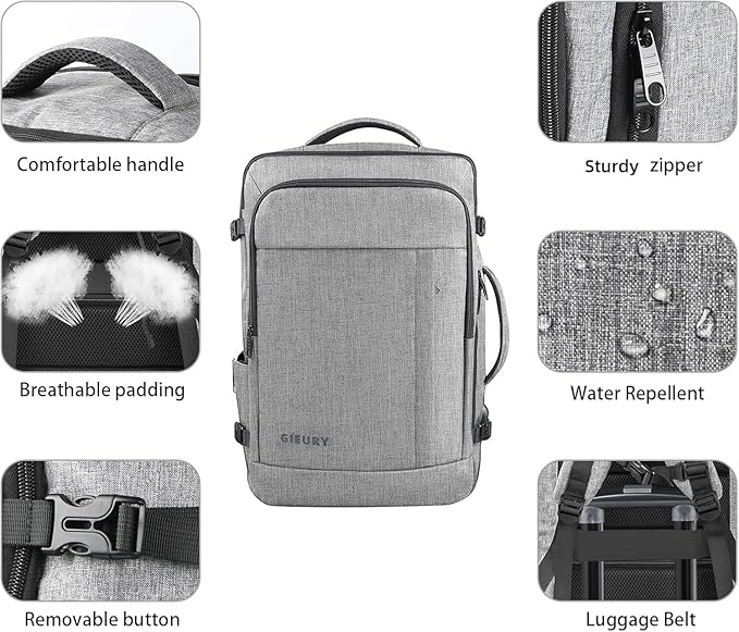 Gieury 55L Carry On Backpack, Extra Large Travel Backpack for Men & Women, Expandable Big Capacity For Airplanes, Travel Gifts for Men Women, Fits 18.4 Inch Laptop, Luggage Suitcase Daypack Bag, Grey - Image 2