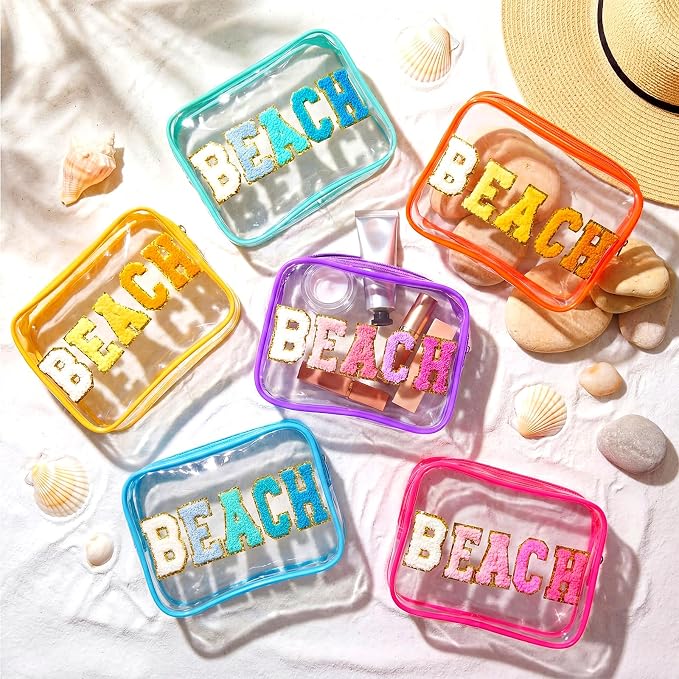 Kacctyen 12 Pack Clear Beach Makeup Bag with Chenille Letter Patch Travel Toiletry Bags Waterproof PVC Cosmetic Organizer for Women Girls Pool Beach Vacation Summer Essential Gifts, 6 Colors - Image 2