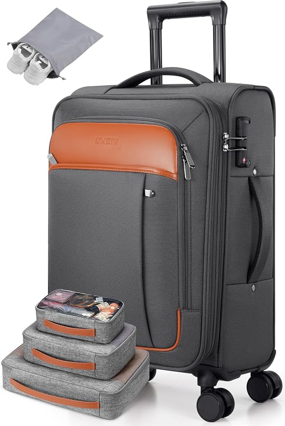 UKEIN Expandable Carry On Luggage 22x14x9 Airline Approved, 20Inch Softside Carry On Suitcase with Wheels & TSA Lock, Travel Suitcase with 4-Piece Packing Bags for Women Men (Grey, Carry on （20in）) by UKEIN