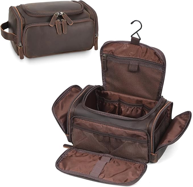 Polare Full Grain Leather Toiletry Bag Travel Dopp Kit Makeup Cosmetic Organizer Shaving Kit Wash Case with Hanging Hook (B-Dark Brown) by polareoriginal