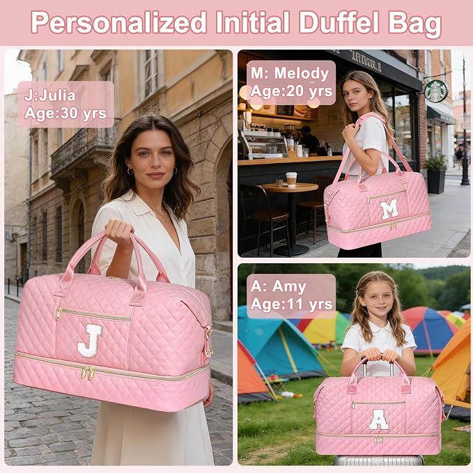 Graduation Birthday Gift for Her, Personalized Initial Weekender Bag for Women 45L Travel Duffle Carry On Quilted, 3PCS Overnight with Cosmetic & Toiletry Bag, Shoe Compartment, Gym Dance Bag for Girl - Image 2