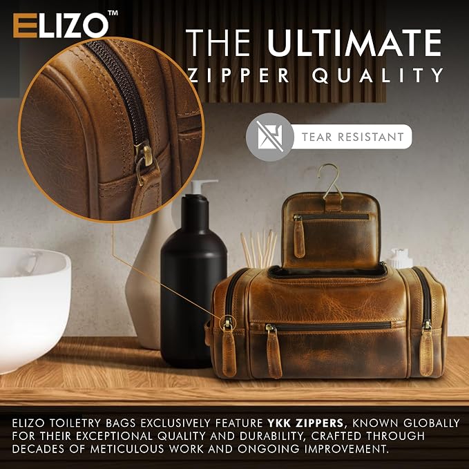 ELIZO Genuine Leather Toiletry Bag for Men Mens Toiletry Bags for Traveling Waterproof Hanging Leather Dopp Kit w/Hook Extra largeToiletry Bag Travel Organizer for Toiletries - Image 4
