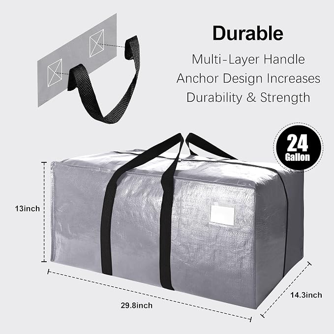 VELVETSURE Heavy Duty Extra Large Moving Bags W/Backpack Straps - Strong Handles & Zippers, Storage Totes For Space Saving, Fold Flat, Alternative to Moving Box and Storage Bin (Set of 6, Silver) - Image 2