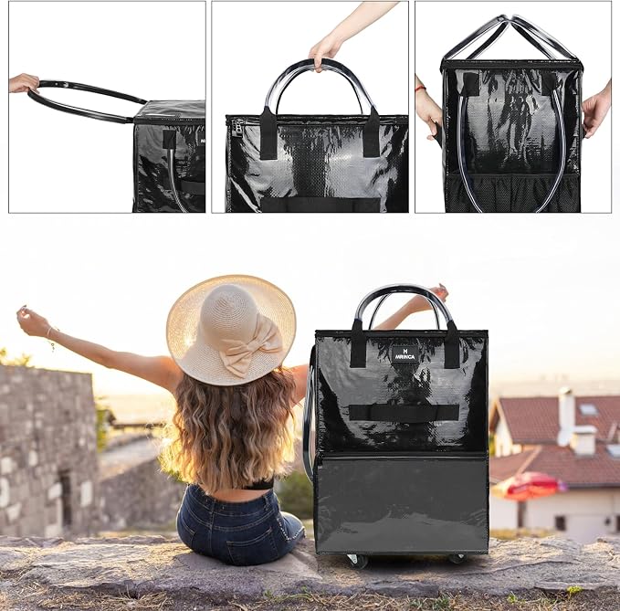 Large Reusable Grocery Bag On 5 Wheels, 130L Foldable Rolling Tote Bag, Rolling Shopping Cart Bag with 3 Handles & Multiple Pockets, Zippered Closure for Laundry Moving Travel Camping, Black - Image 6
