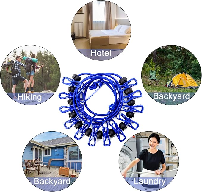 B&Y Travel Clothesline, Portable, Retractable and Adjustable Camping Clothesline, with a Non-Woven Bag, 13 Non-Slip Clips, 12 Clothes Clips, Indoor and Outdoor use (Blue) - Image 2