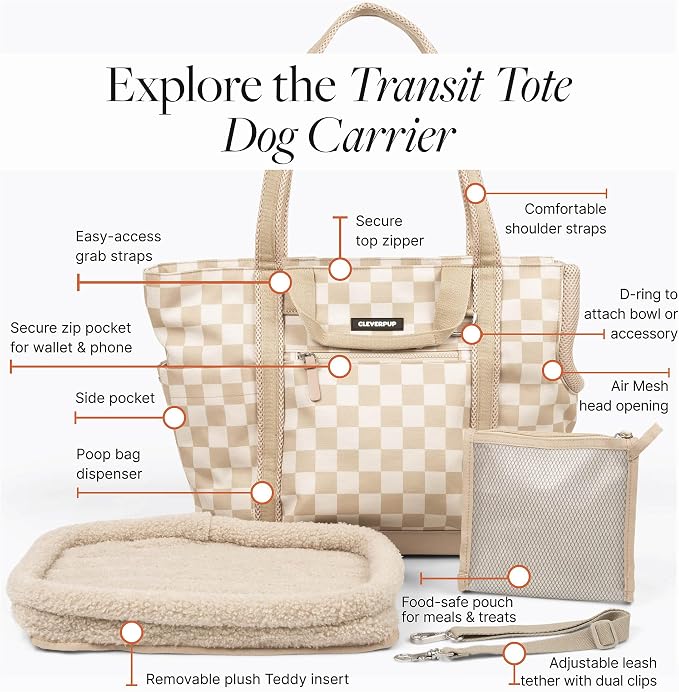 Cleverpup Transit Tote Dog Carrier 4-Piece Set - Premium Lightweight Pet Travel Bag with Plush Teddy Insert, Food Pouch, Air Mesh Opening, Water-Resistant Base & Safety Tether - Medium Checkerboard - Image 4