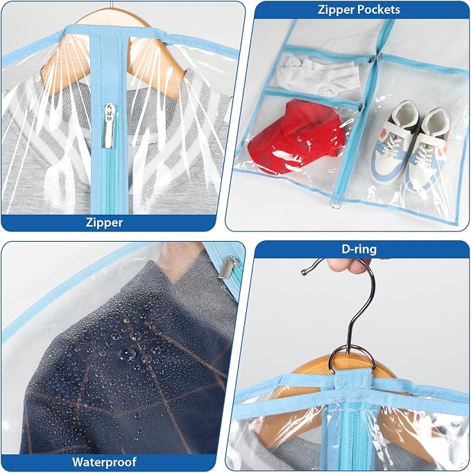 Zilink Clear Dance Costume Garment Bag 40” Dance Competition Bag Waterproof Dance Garment Bag with 3 Clear Zipper Pockets，Set of 4 (Clear/Blue) - Image 4