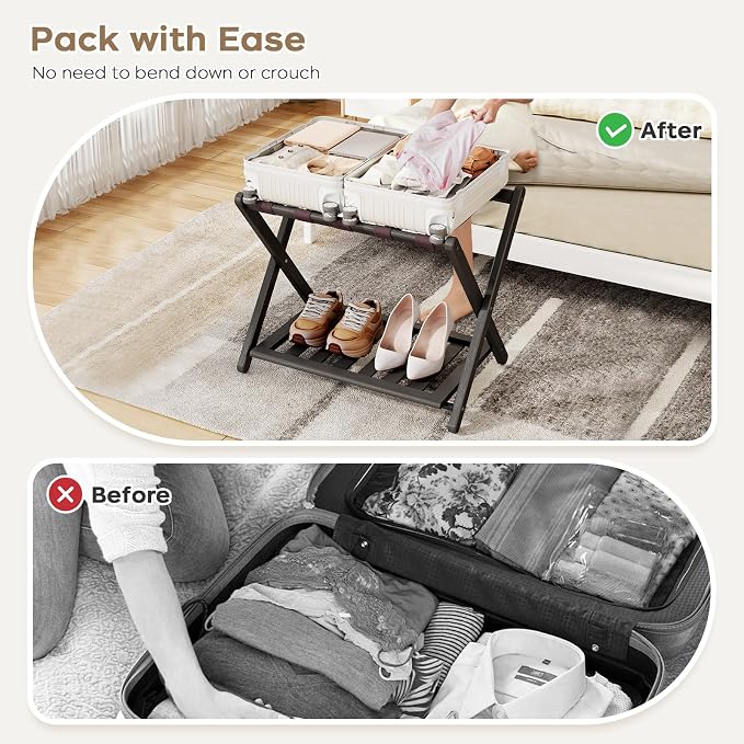 26.77"L Luggage Rack for Guest Room - 1 Pack Full Assembled Luggage Rack Stand for Suitcases, Foldable Luggage Holders with Shoe Shelf, 5 Nylon Straps for Bedroom, Hotel (Black Bamboo Suitcase Stands) - Image 4