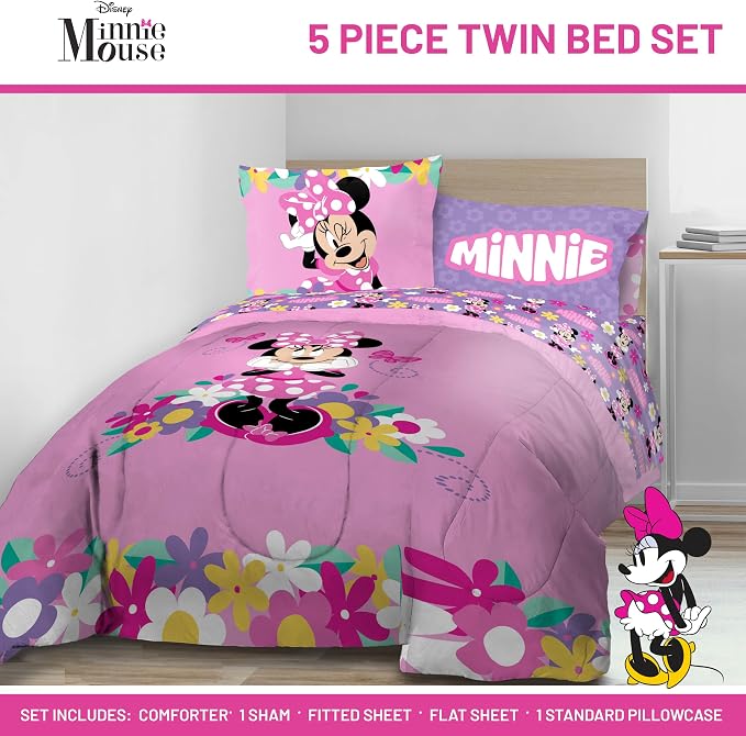 Disney Minnie Mouse Twin Comforter Set 5 Piece Kids Cartoon Bedding, Pink | Bed in a Bag, Comforter Sheets Sham Pillowcase, Official Brand, Soft Microfiber, Machine Washable, Easy Care, Girls Gift - Image 2